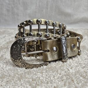 Silver Metal Bar Link & Gold Leather Wide Belt Womens M Studded Western Rocker